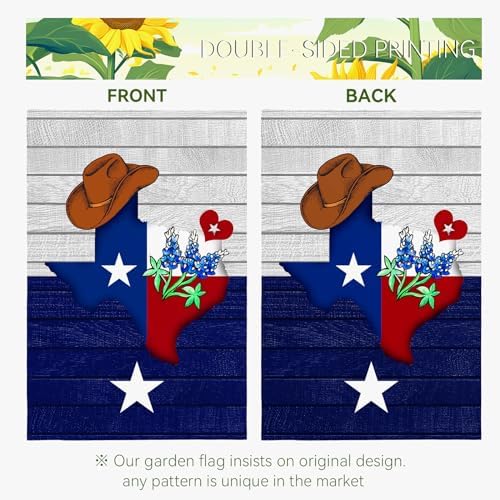 Texas Bluebonnet Garden Flag Cowboy Hat Texas State Yard Flag Americana Western Garden Flags Polyester Double Sided for Outdoor Lawn Yard Patio Deck Porch Welcome Banner Gift 12 x 18 Inch