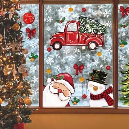 Horaldaily 57 PCS Christmas Window Cling Sticker, Santa Claus Deers Snowman Xmas Tree for Home Party Supplies Shop Window Glass Display Decoration
