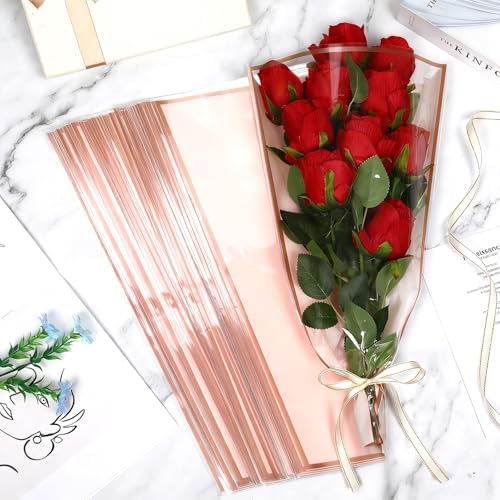 Jansun 40Pcs Pink Bouquet Wrapping Sleeves & Ribbon Set