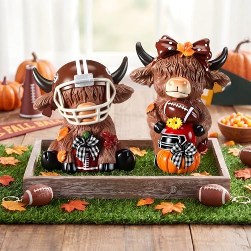 Karenhi 2 Pcs Highland Cow Figurines Fall Football Tabletop Decorations