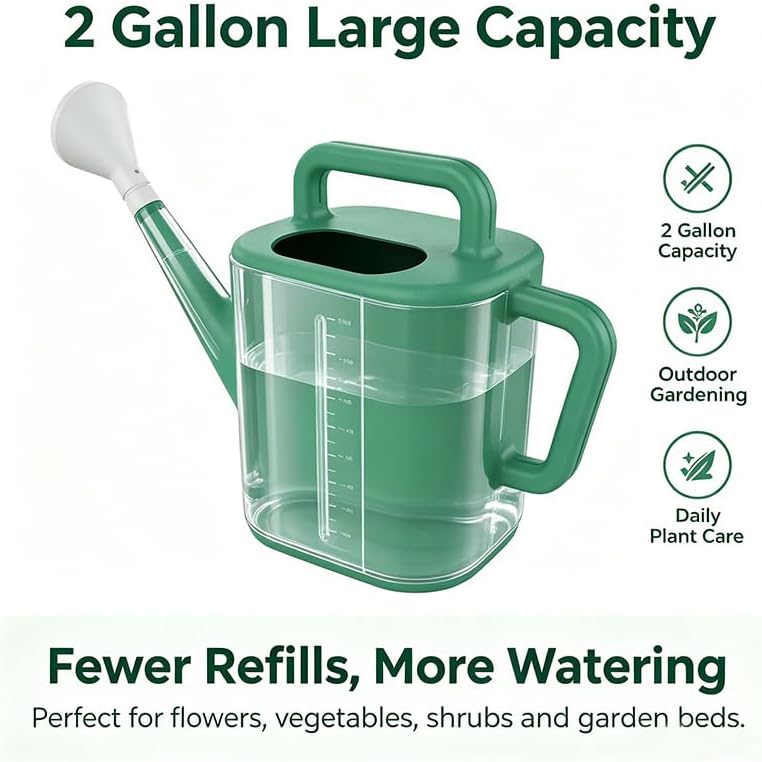 Watering Can Outdoor, 2 Gallon Large Capacity Watering Can, Green Garden Watering Can with Long Spout for Outdoor
