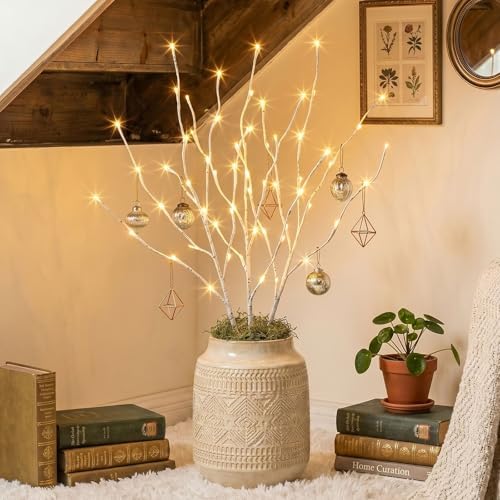 Vanthylit 3PK 30'' Lighted Birch Twig Branches with 60 LED Warm White Bulbs Waterproof Adapter in for Outdoor and Indoor Decor