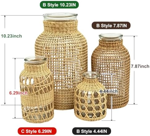 MDEOOSKY Straw Woven Glass Vase 7.87''x1.96''x4.13''Boho Glass Flower Vase Country Rustic Style Vase Glass Vase for Floral Arrangements Bottle Height (B Style 7.87IN)