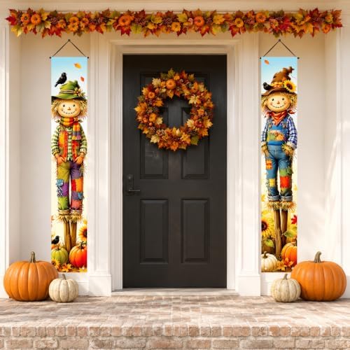 2 Fall Scarecrow Porch Banners 71 x 12 Inch Thanksgiving Door Decorations