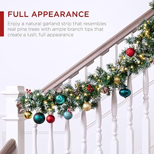 Best Choice Products 9ft Pre-Lit Holiday Pre-Decorated Christmas Garland for Stairs, Fireplace, Decoration w/PVC Tips, 50 Lights, Pine Cones, Berries - Semi-Flocked