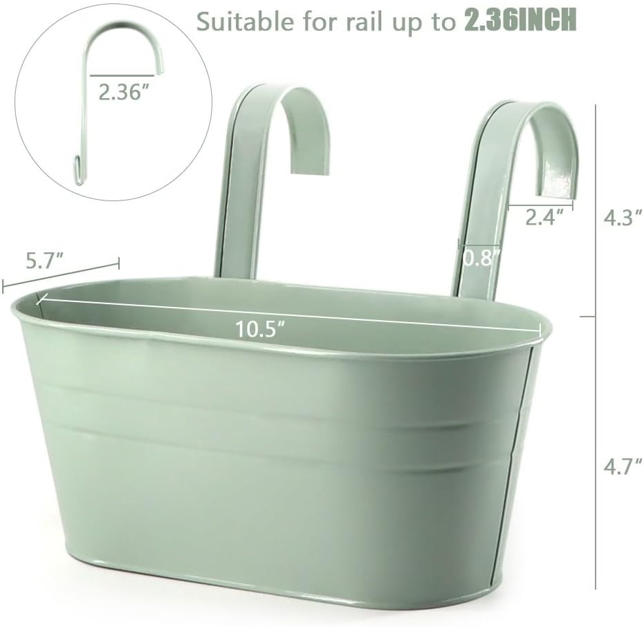 3 Pack Metal Railing Planters, 10.5" Oval Hanging Flower Pots with Detachable Hooks & Drainage Holes, Fits Rails up to