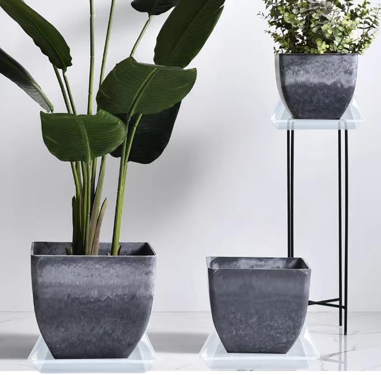 LWALRS Square Plant Saucer 14 Inch 2 Pack, Strong Clear Plastic Flower Plant Pot Saucer, Square Planters for Indoors