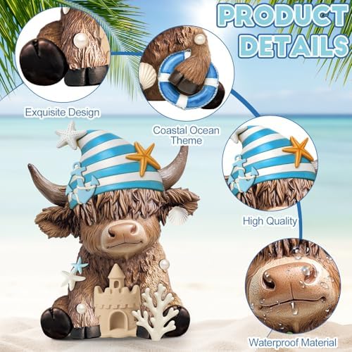 Karenhi 2 Pcs Beach Highland Cow Figurines, Ocean Resin Statues