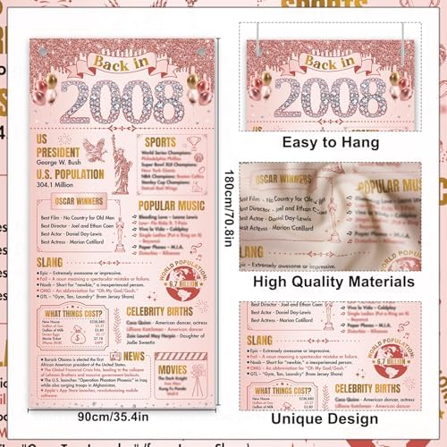 18th Birthday Decorations for Women Girls, Rose Gold Back in 2008 Door Cover Decor, 18 Years Old Bday Large Front Door Cover Sign Backdrop Banner Supplies Decor, 3x6 Ft