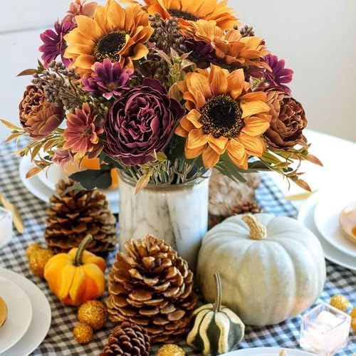 GTIDEA 2 Bundles Fall Artificial Flowers Bouquet, Fake Sunflowers Flowers