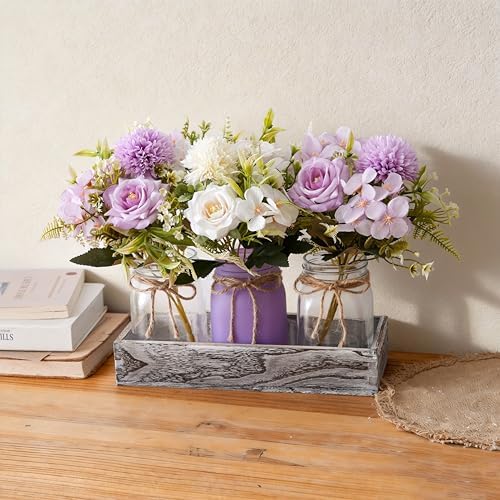 LUEUR Mason Jar Lights Centerpiece with Purple Rose in Wood Tray