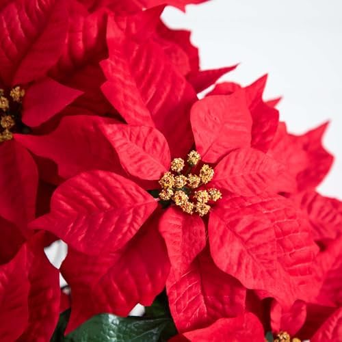 Nearly Natural 19 in Artificial Lush Red Poinsettia in Wrapped Planter