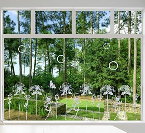 25 Pieces Flower and Butterfly Ring Window Decals for Bird Strike Prevention - Reusable Rainbow Suncatcher Clings to Save Birds, Non-Adhesive Anti-Collision Stickers, Easy Remove No Residue