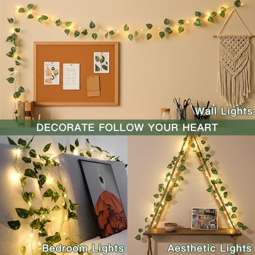 suddus Fake Vines with Lights Battery Operated, 20 LED 6.56FT Pothos Garland Fairy Lights with Timer, Leaf String Lights for Bedroom,Room,Window,Wall,Party,Garden,Wedding Indoor Decor (Warm White)