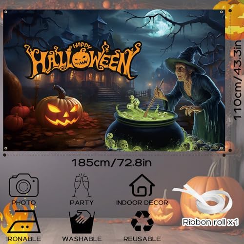 Happy Halloween Banner, Large Fabric Scary Moon Night Witch Pumpkin Castle Halloween Backdrop Banner Party Decorations for Horrible Halloween Photo Background Outdoor Indoor Wall Yard Party Decor