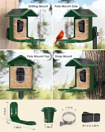 Smart Bird Feeder with Camera Solar Powered 2K Video AI Identify 32GB Card