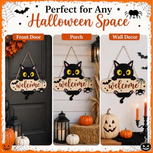 Halloween Welcome Sign, Black Cat Hanging Door Decor for Porch Wall Yard