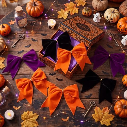 Janinka 12 Pcs 6 Inch Halloween Velvet Bows Ornament Black Purple Orange