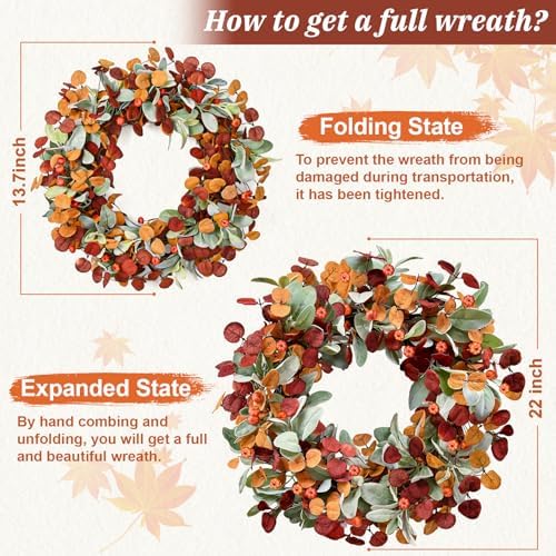 22'' Fall Wreaths for Front Door, Autumn Door Wreath with Eucalyptus Leave