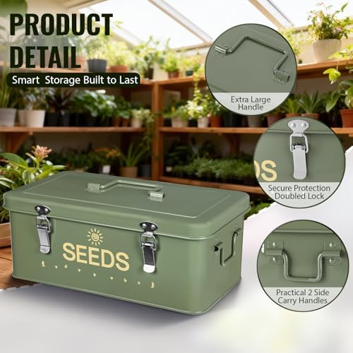Metal Seed Storage Box with Safety Locks, Large 4-Compartment Seed Organizer Kit with 30 Envelopes, 30 Plant Labels & 5 Plastic Bottles1 Mark Pen, Lockable Seed Saving Bin for Gardeners