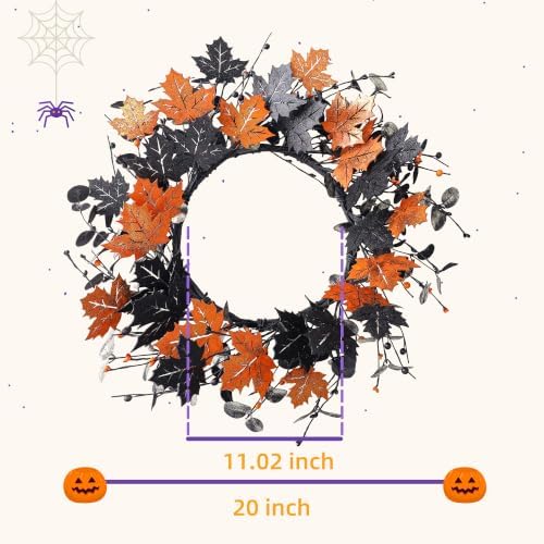 YNYLCHMX 20" Halloween Wreath for Front Door, Golden and Black Maple Leaves