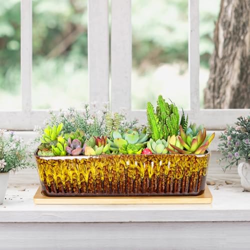 Succulent Pots, 12'' Long Rectangle Planters with Tray, Windowsill Planter