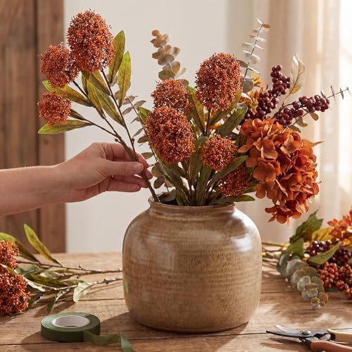 Briful 3PCS Faux Fall Flowers 22.8in Burnt Orange Skimmia Spray Artificial Flower Branches Fake Fall Skimmia Stems for Autumn Home Vase Floral Arrangement Wedding Party Decor