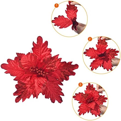 10 PCS Glitter Poinsettias, 9.4" Artificial Christmas Flowers, Red