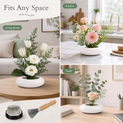 Flower Frog Vase Kit, Ceramic Water Drop Ikebana Pot, White
