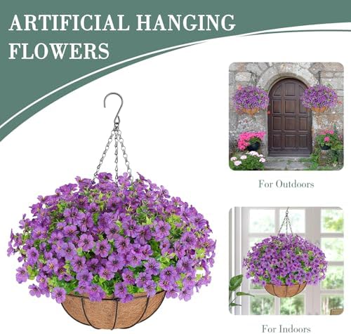 AGIRL Artificial Hanging Flowers with Baskets for Outdoors(Purple)