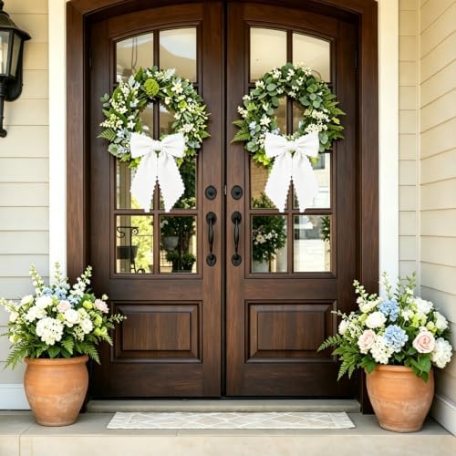 Wreath Sash for Front Door, 2pcs White Wreath Scarf with White Trim