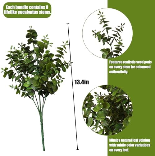 Artificial Fall Eucalyptus Plant – 8PCS Outdoor Fake Greenery, UV Resistant Fake Plants for Porch, Patio, Thanksgiving or Autumn Home Decor - Green Leaves