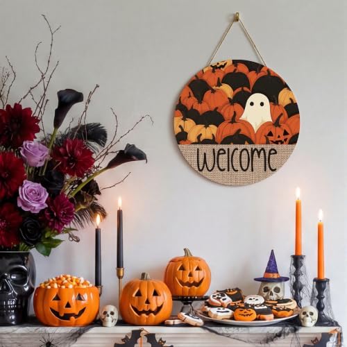 Smile Halloween Wooden Door Hanger with Welcome Ghost and Pumpkin Fall