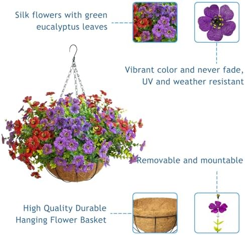 Artificial Hanging Flowers, UV Resistant, 12 Bundles, Red Purple
