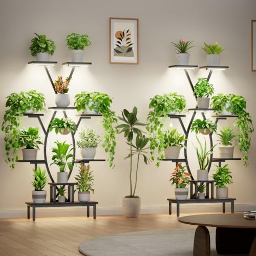 JUSTOGO Plant Stand Indoor with Grow Lights - 9 Tiered Tall Plant Shelf
