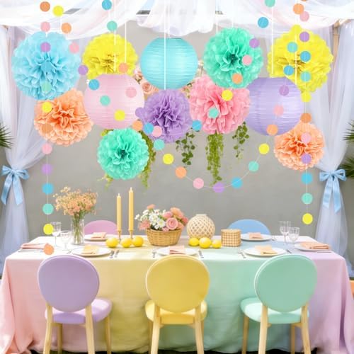 14 Pcs Pastel Party Decorations, Paper Pom Poms Lanterns Garland, 8/10 Inch