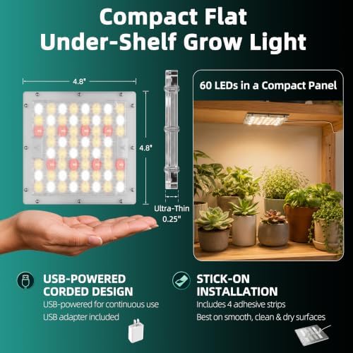 Under Shelf Grow Light, Compact Flat Corded Stick-On Plant Light with Timer