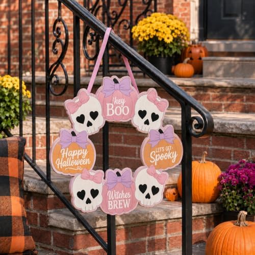 Pink Halloween Decor, Wooden Skull Pumpkin Bow Wreath Door Hanging Sign