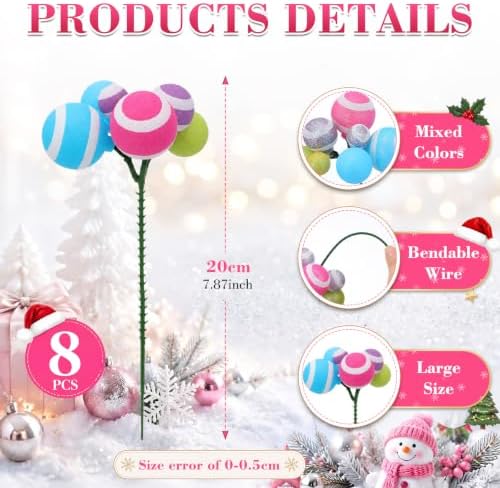 Daifunli 8 Pcs Candy Christmas Tree Picks 7.87 Inch Candy Land Christmas Balls Ornaments Xmas Hanging Decorations for Xmas Tree Topper DIY Wreath Holiday Floral Vase Fillers Crafts Home Decor