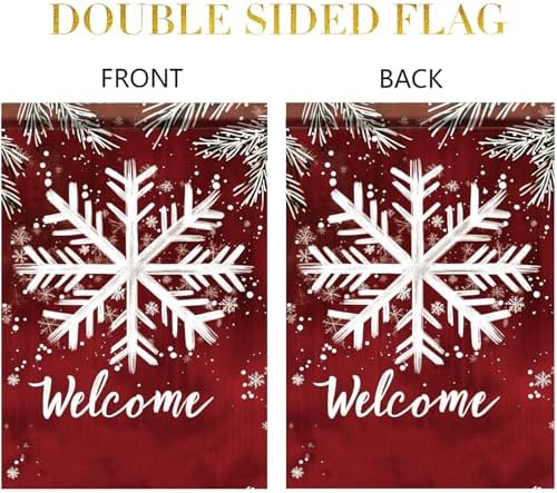 Winter Garden Flag White Snowflake Red Background Welcome Flag 12x18 Inch Double Sided Outdoor Yard Banner for Snowy Season Holiday Christmas Porch Decoration Decor