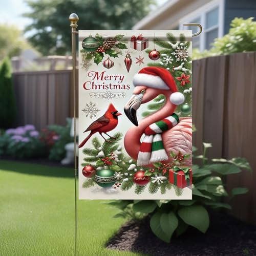 Christmas Garden Flag Flamingo with Cardinal Bird Flag 12x18 Inch Outdoor Double Sided Winter Seasonal Yard Banner Holiday Lawn Decoration Xmas Tree Ornaments for Porch Patio Garden