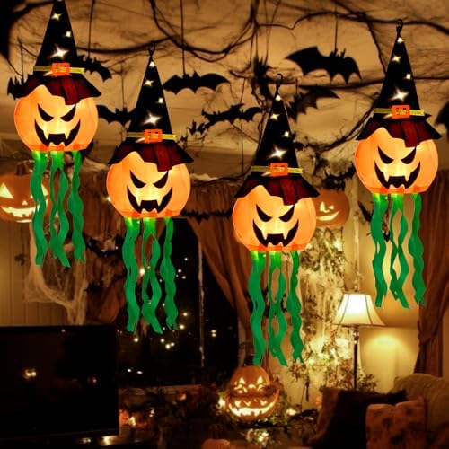 4 PCS Hanging Lighted Glowing Pumpkin Witch Hat with 3 Modes Lighted Up