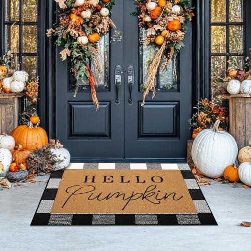 Tinideya 2 Pcs Hello Pumpkin Fall Layered Doormat Set, Farmhouse Front Mat