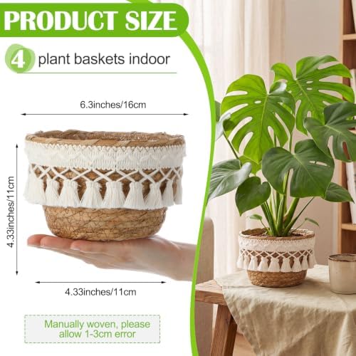 4 Pcs Straw Plant Baskets with Tassel, Indoor Rattan Woven Flower Baskets with Plastic Liner, Cattail Plant Planter for Indoor Outdoor Rustic Boho Home Farmhouse Floor Potted Pots Decor