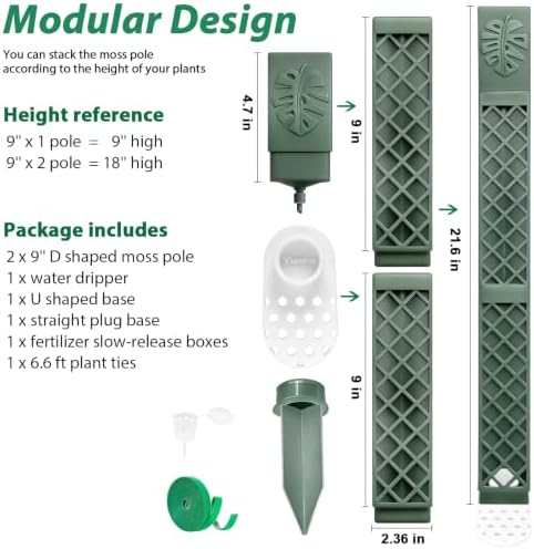 2 Pcs 9 Inch D Shaped Moss Pole with Watering Dripper, Plastic Moss Poles for Climbing Plants, Sturdy Monstera Plant Support, Self Watering Moss Pole Kit for Plants Indoor (1Pack 2Pcs-Green)