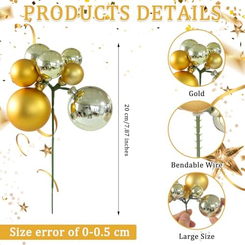 Daifunli 8 Pcs Gold Silver Christmas Tree Picks 7.87 Inch Xmas Balls Ornaments Christmas Decorations for Xmas Tree Topper DIY Wreath Holiday Floral Vase Fillers Crafts Home Decor