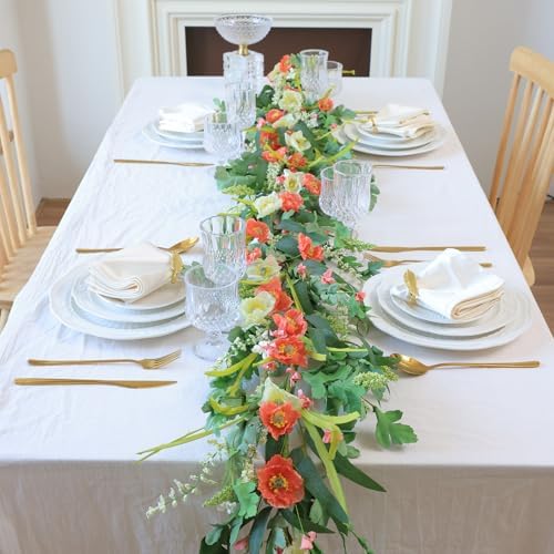 Mizii Red Artificial Flower Garland 6FT Fake Poppy Floral Garland Hanging Vines Spring Summer Flowers Decorations for Mantle Table Centerpieces Room Wall Fireplace Wedding Decor (Red)
