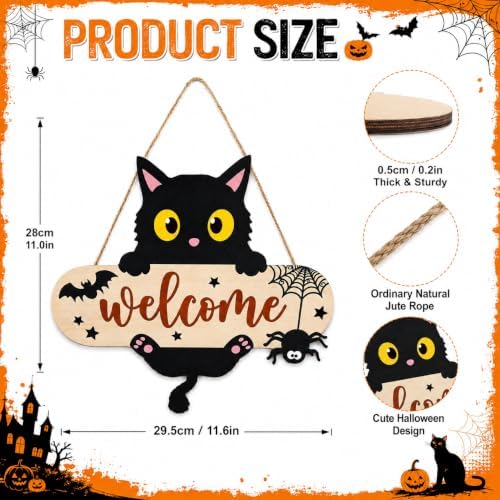 Halloween Welcome Sign, Black Cat Hanging Door Decor for Porch Wall Yard