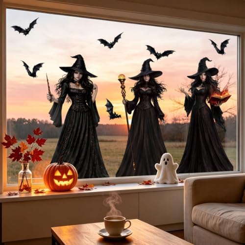 LOAVER Halloween Window Cling Sticker,3 Sheets Extra Large Double-Sided Witch Bats Silhouette Black Static Cling Decals for Halloween Party Haunted House Indoor Glass Window Decor