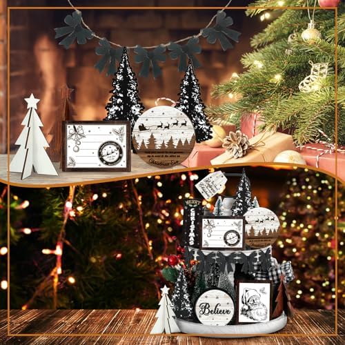 FairySandy 15 Pcs Christmas Tiered Tray Decor Christmas Wooden Sign Decor